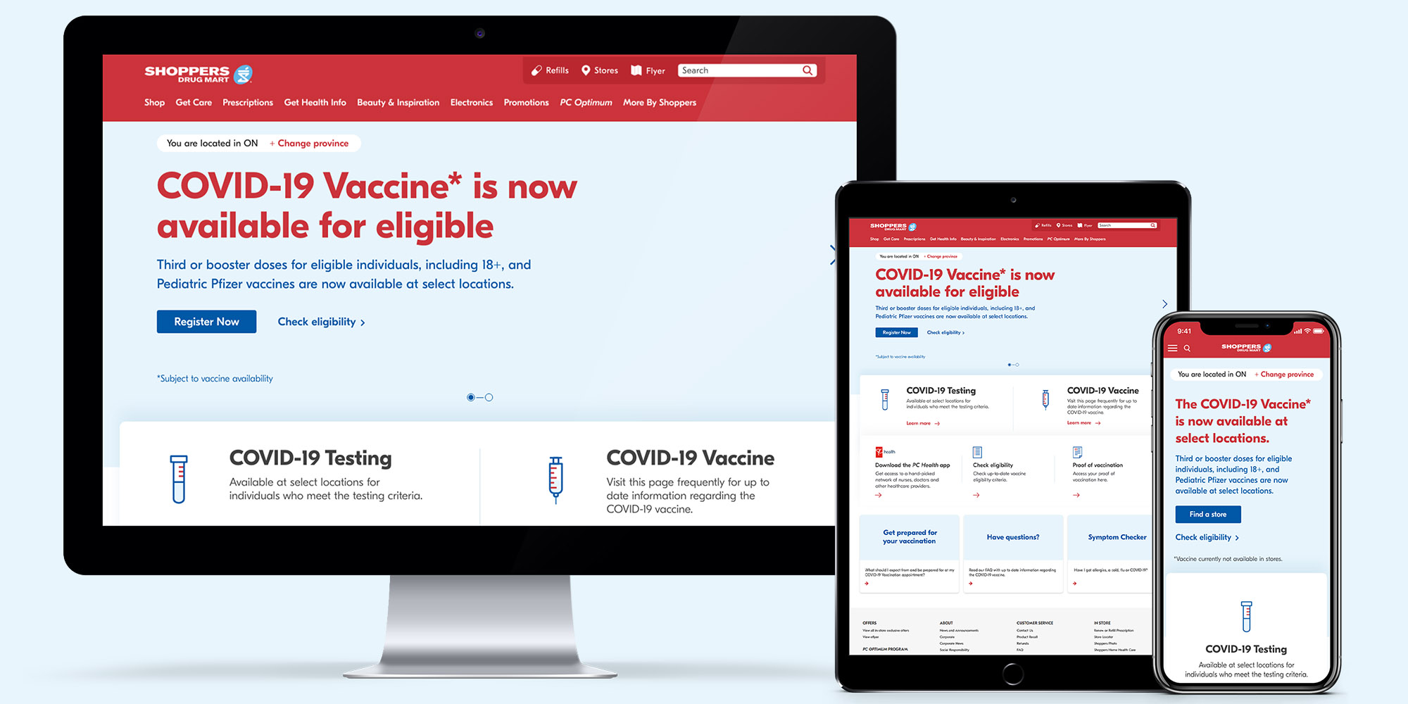 Shoppers Drug Mart website Covid-19 Vaccine page shown in a computer monitor, tablet and phone