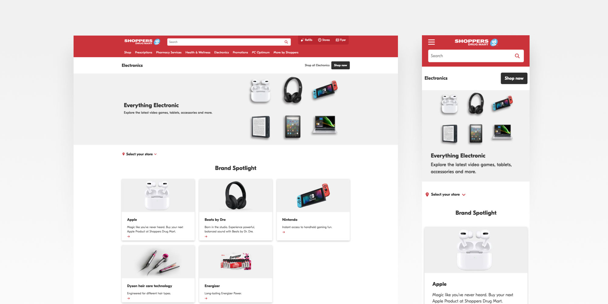 Shoppers Drug Mart close-up of website Electronics page in desktop and mobile formats