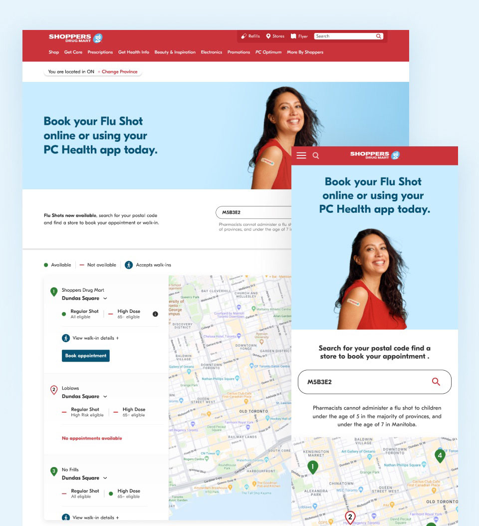 Shoppers Drug Mart close-up of website Flu Shot page in desktop and mobile formats